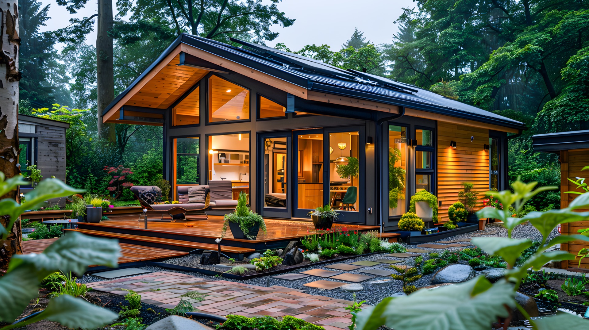 A modern cabin glowing at dusk among the trees