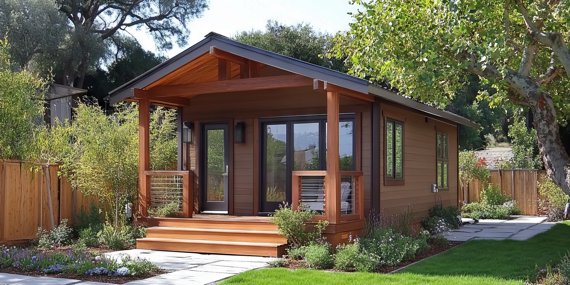 Craftsman cabin with a covered timber porch